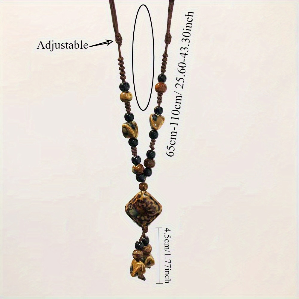 Tribal Long Necklace with Square Ceramic Beads on Synthetic Rope